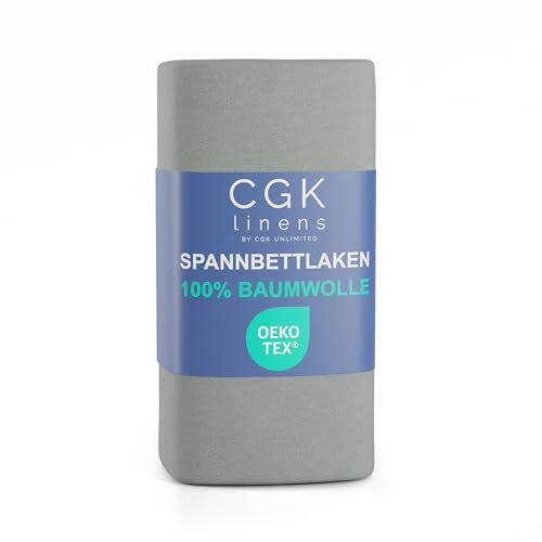 Spannbettlaken Jersey 180x200 cm - 100% Baumwolle weich & atmungsaktiv wärmend - Bettlaken Spannbetttuch mit Rundumgummi für Matratzen bis 30 cm & Boxspringbetten DE - Oeko-Tex zertifiziert - Hellgrau