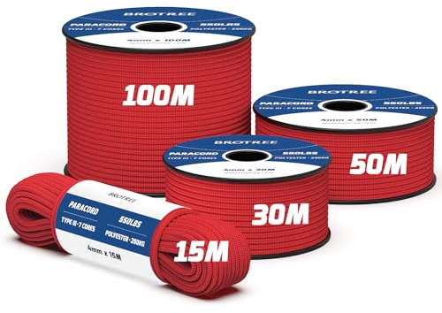 Brotree 550 Paracord 4mm 15m 100% Polyesterrep 7 Trådar Fallskärmslina Typ III Snöre Sladd för Utomhus, Camping, Hundkoppel, Överlevnad, Hantverk - 250kg Brottlast (Röd)
