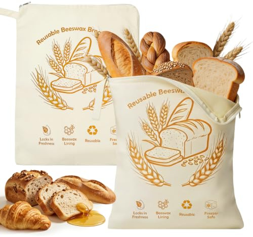 2 Piezas Bolsa de Pan de Cera de Abeja con Cremallera 43x33cm, Reusable