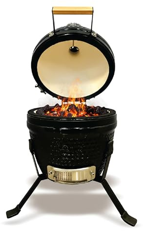 Barbecue Kamado a Carbone in Ceramica con Termometro, Griglia in Acciaio Inox SS304 Ø26 cm, Ventilazione Regolabile, BBQ Compatto da Giardino e Terrazzo