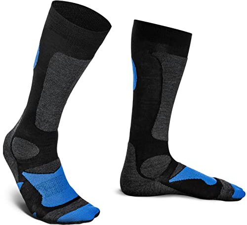 Piarini 2 Paar Unisex Skisocken Skistrumpf Herren Damen Wintersport Snowboard atmungsaktive Knie-Strümpfe Schwarz-Blau Gr.35-38