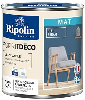RIPOLIN - Peinture Intérieure Multi-Supports – Murs, Boiseries et Radiateurs – Ultra Couvrante – Lessivable – Application Facile – Ecolabel - Aspect Mat - 0.5L - Bleu Seram