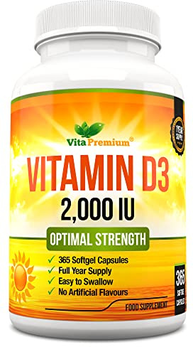 Vitamin D 2,000 IU, Optimal Strength Vitamin D3 Supplement, 365 Easy to Swallow Softgels - Full Year Supply