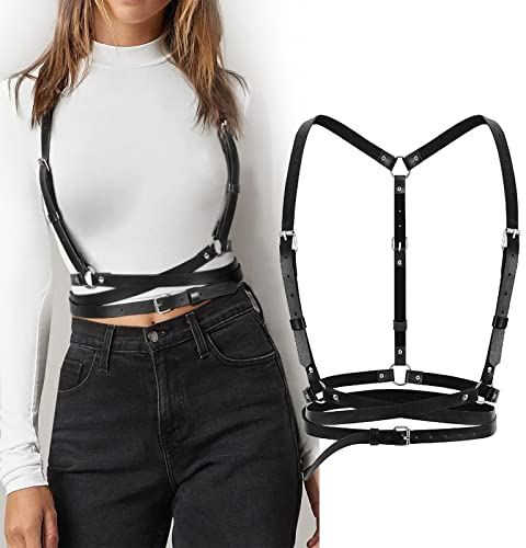 JBJXNXH Punk Taillengürtel,Damen Körper Brust Schwarz PU Leder Skinny Body Verstellbare Gürtel mit Gothic Kreis für Frauen Mädchen Cosplay Party Rave Halloween Kostüm