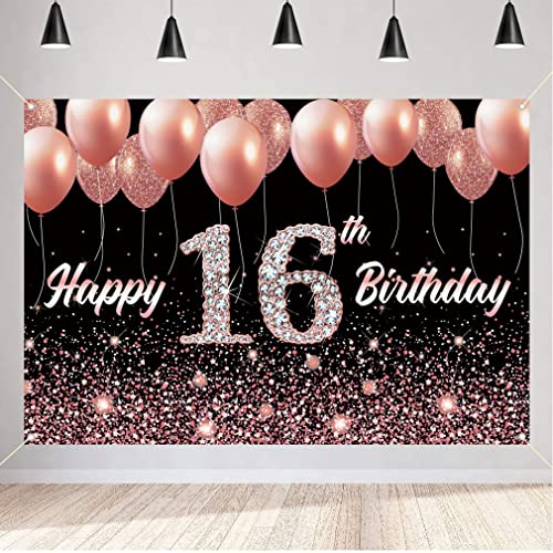 16. Geburtstag Mädchen Deko, 16 Geburtstag Banner Rosa Stoff Schild Plakat Hintergrund Banner Mädchen Geburtstagsfeier Deko