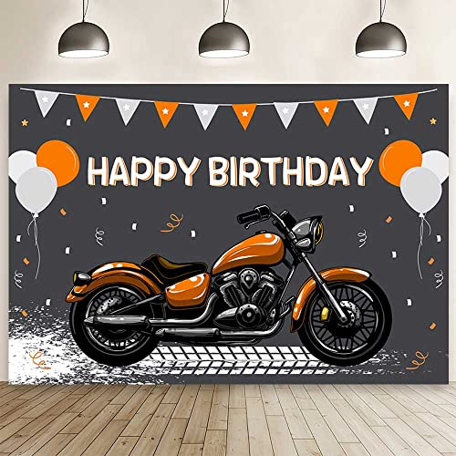 AIBIIN 7x5 ft Motorcycle Birthday Backdrop Orange Motocross Racing Balloon Happy Birthday Party Decoration Extreme Sports Photography Background Supplies Boys Dirt Bike Bday Cake Table Banner