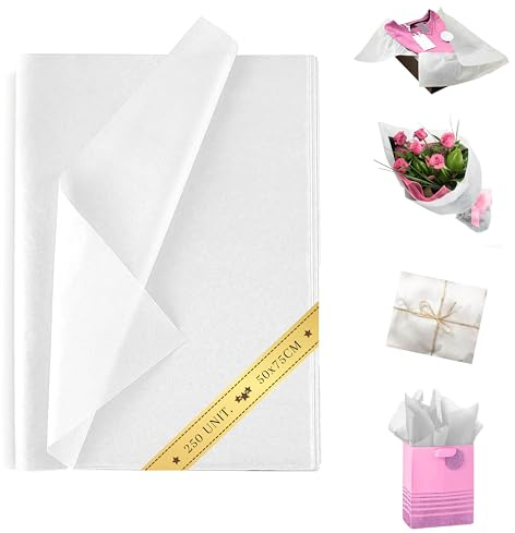 Papel de seda blanco Premium (Pack 250) 50x75cm -Papel de Regalo para Envolver Regalos de Cumpleaños y Boda. Papel para Floristería. Papel para DIY y Bricolage