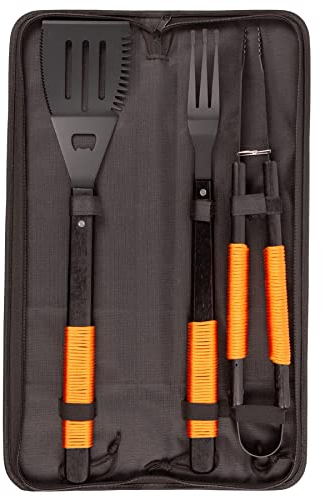 BobbyQ 3pc Corde Orange Ensemble d'Outils Pour Barbecue en Bois - Extèrieure Cuisine Camping Gril Cuisine Ustensiles Accessoires Coffret Cadeau pour Homme avec Sac
