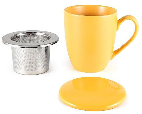 Hanseküche Teetasse mit Deckel und Sieb – XXL Teebecher 600ml – Große Tee Tasse Keramik – Jumbotasse – Tasse mit Deckel, Keramik, Teefilter, Teesieb, Groß (Orange, 600 ml)