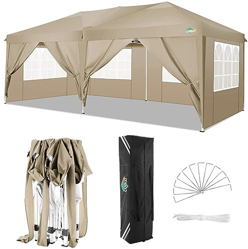 COBIZI Carpa 3x6m Cenador Plegable Impermeables Techo de Pabellón de Jardín ​de Revestimiento con 6 Paredes para Cenador Carpa Toldo para Jardin, Playa, terraza, Exterior Fiestas，Caqui