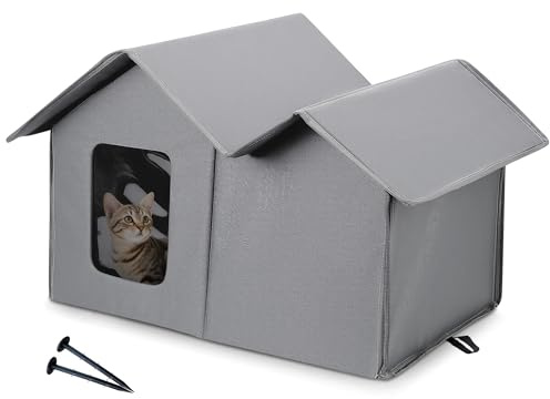 ALLSOPETS Casa para Gatos Exterior Impermeable, Caseta Gato Plegable y Resistente a la Intemperie, Refugio Cálido para Gatos o Perros Pequeños Interior y Exterior (Gris Urbano)