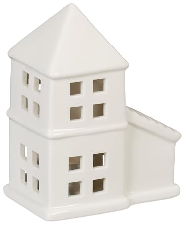Relaxdays Casetta Portacandele in Ceramica, Casa Luminosa Porta-Tealight, per 1 Candelina, HLP 11,5 x 9,5 x 6 cm, Bianco