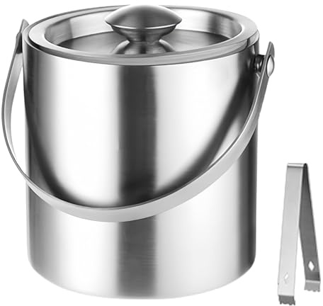MEYAGOT Secchiello Ghiaccio, 2L Acciaio Inox a Doppia Parete Isolante con Pinza e Coperchio, Secchiello per Il Ghiaccio Isotermico Secchiello Ghiaccio Vino Inclusa Coperchio per Feste ed Eventi