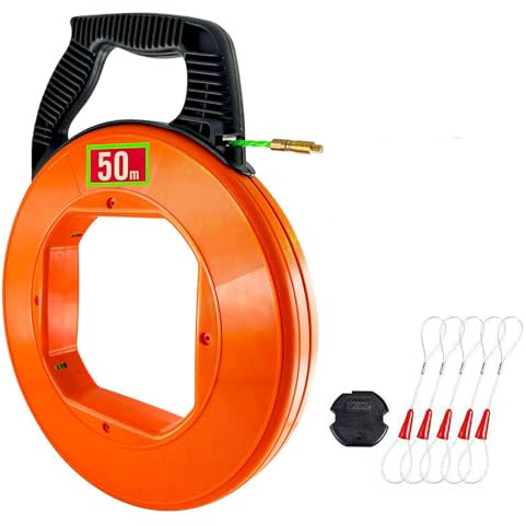 Kabeleinziehhilfe 3mm 50m,Einziehspirale 50m,Stahlseil 3 mm Einziehfeder,Polyester Zugdraht Fish Tape Einziehhilfe FüR Kabel Mit 7 FüHrungsfedern,Mit KunststoffgehäUse