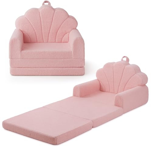 Blissful Diary Kids Couch, 2-in-1 Soft Toddler Couch Fold Out, Toddler Chair Comfy, Convertible Sofa to Lounger, Kids Furniture for Playroom, Gift for Birthday, Children's Day, Pink Shell