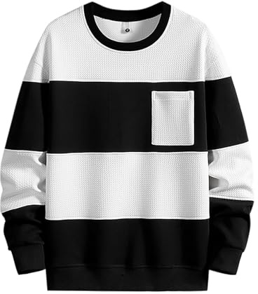 Foweknow Jersey de punto para hombre, bloque de color, algodón, patchwork, cuello redondo, jersey de punto fino, moderno, versátil, sencillez, camiseta informal universitaria funcional, Blanco, 5XL