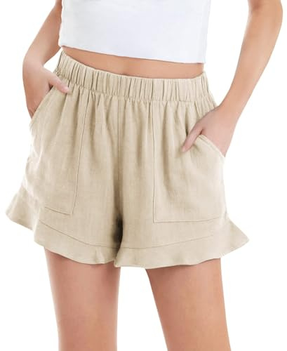Haloumoning Girls' Shorts Summer Casual Sweat Shorts Kids Cute Ruffle Beach Plain Shorts, Beige, 7-8 Years
