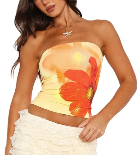 Betrodi Women Cute Floral Tube Tops Y2k Aesthetic Sleeveless Strapless Bandeau Crop Top Slim Fit Flower Tank Going Out Trendy