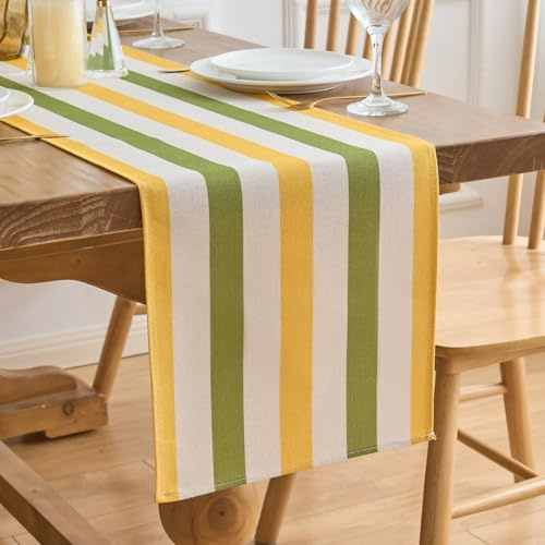 Runner da tavolo Strisce Moderno Verde Giallo Lavabile Runner Tavola Decorazione per Cucina per Primavere ed Estate Soggiorno Tavolo da Pranzo Vacanze Feste Matrimoni Lino 33 x 183 cm