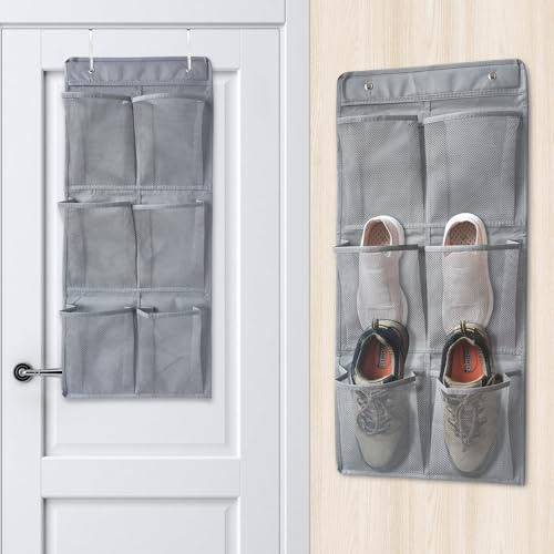 Domemit Portascarpe da Appendere Camper, Roulotte Accessori Interni Organizzatore Pensile per Armadio, 6 Ampie Tasche in Rete, Autoadesivo Portascarpe Salvaspazio, Grigio-argento, 2 pezzi