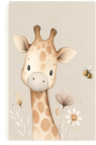 Artefizio Arte Su Tela Cameretta Bambini Personalizzabile con Nome e Data, Telaio Extra Spesso, Quadri Allegri per Arredamento, Made In Italy (Giraffe and the Wildflowers)