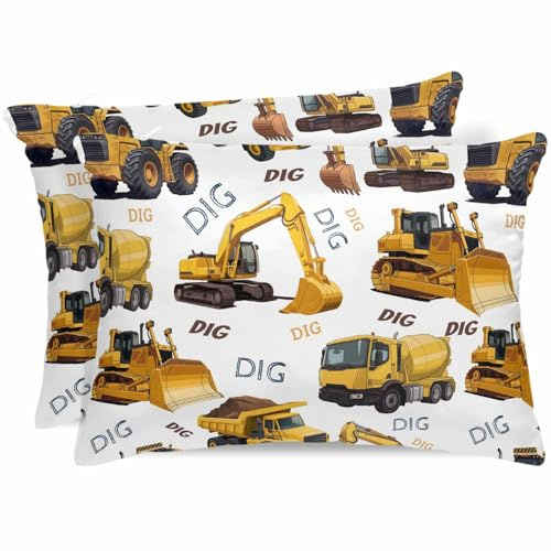 Construction Truck Pillowcase King Size with Hidden Zipper,Silky Soft Satin Throw Bed Pillow Cover Case,Cartoon Grips and Bulldozers Stirrup Car Breathable Bed Pillow Sham Protector 2 Pack 20x36