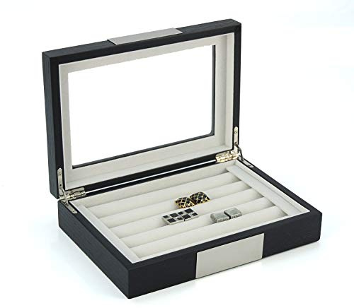 TIMELYBUYS Black Ebony Wood Cufflink Case & Ring Storage Organizer with Stainless Steel Engravable Design Accent Men's Jewelry Box for 20 Cufflinks