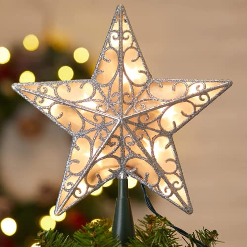 Christmas Star Tree Topper, Plug in Sliver Glittered 3D Star Tree Topper, Metal Hollow Designed Built-in 10 Bulbs String Lights for Indoor Office Christmas New Year Holiday Tree Decoration
