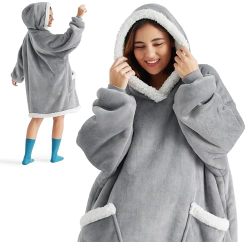 Bedsure Zip Up Oversized Blanket Hoodie - Sherpa Fleece Wearable Blanket with Zipper for Women & Men, Soft Warm Fluffy Hooded Blanket with Pocket, Gift for Women, Gift for Her, Grey, 100x78 cm