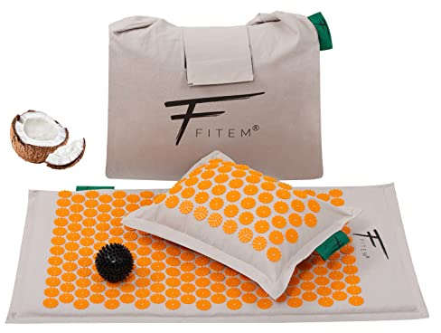 Fitem - Akupressurmatte mit Kissen - 100% natürliche Kokosfüllung - Massage - lindert Rücken und Nackenschmerzen - Ischias - Muskelentspannung - Entspannung und reduziert Schlaflosigkeit