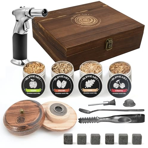 BLIPHEART Cocktail Smoker Kit with Torch - 19-Piece Premium Complete Set for Whiskey Bourbon Smoking - Professional Bar Tools with Wood Chips & Granite Stones for Dad Men