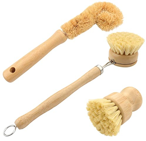Roellgs 3 ensembles de brosses à vaisselle naturelles, 2 brosses naturelles pour pot de fleurs + 1 brosse pour bouteille de noix de coco, pots, lavabos