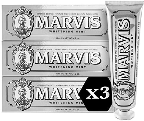 Marvis Dentifricio alla menta sbiancante, 3 × 85 ml, dentifricio sbiancante favorisce uno sbiancamento naturale dei denti, il dentifricio rimuove la placca e dona freschezza duratura