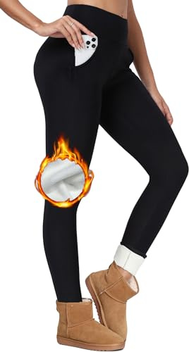 CheChury Femme Hiver Leggings Polaire Femme Thermique Pantalon Taille Haute Chaud Extensible Slim Pants avec Poches Épais Stretch Casual Leggings Sport Running,Noir,S