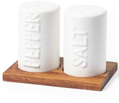 noTrash2003 Saliera e pepiera in ceramica bianca con supporto in legno di acacia, look mediterraneo, utensili da cucina, 100-5976