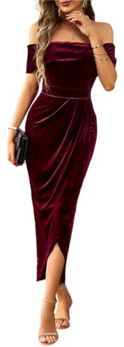 Kuukaas Vestido de terciopelo con hombros descubiertos para mujer, vestido largo fruncido sin mangas para fiesta de cóctel, rojo vino, L