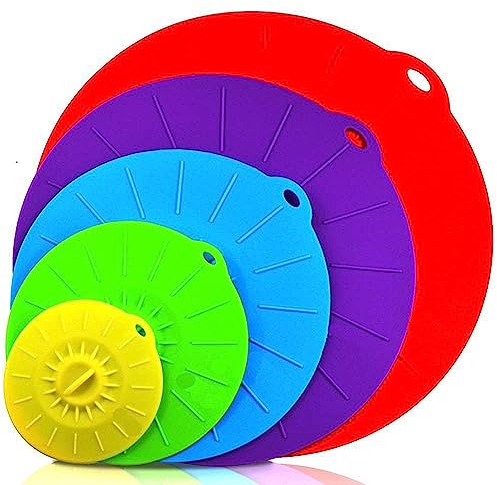 Silikondeckel, 5er Silikon Deckel Set Mikrowellen Abdeckung für Schüsseln, Töpfe, Tassen, Lebensmittelecht, Natürlicher Griff, Ineinander Greifende Griffe für Einfache Verwendung und Lagerung