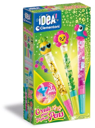 Clementoni - Idea Laboratorio De Bolis Tropical - Kit Creativo Estilo Boligrafos Fantasiosos, 3 Bolígrafos Personalizados, Colores, Brillantinos, Manualidades, Juego Creativo Niñas 6 Años, 18790