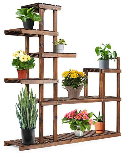 GOPLUS Soporte para Plantas de Madera de 7 Niveles, Estantería para Flores, Estante Escalera Multifuncional para Macetas, para Jardín, Terraza, Balcón, Interior & Exterior, 120 x 25 x 120 CM