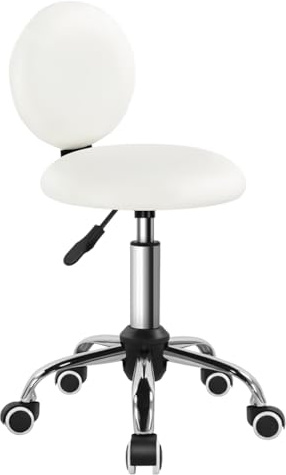 FURWOO Tabouret Roulant Rond avec Dossier Tabouret de Travail à roulettes en Cuir PU Fauteuil de beauté à roulettes Tabouret pivotant pour Salon de Coiffure (Blanc)