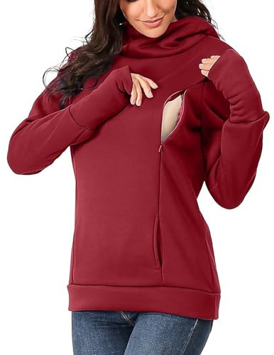 Generisch Maglione premaman da donna con maniche lunghe e cappuccio per l'allattamento, felpe e tessuti gravidanza vestito invernale, Colore: rosso, XL