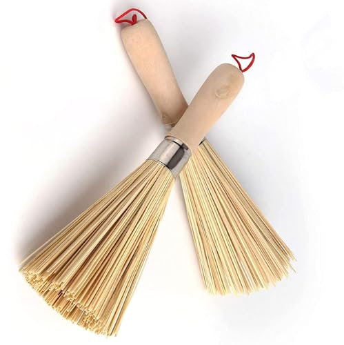 2Pack Traditional Natural Bamboo Wok Brushes, Kitchen Cleaning Brush, Bamboo Kitchen pan Brush, for Cleaning Dishes, Cast Iron Pots, Pans, Vegetables and Sink,Vegetable Brush