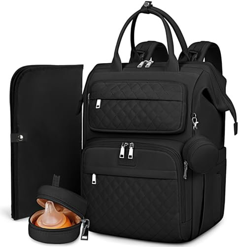 RAINSMORE Baby Wickelrucksack Groß Wickeltasche Rucksack mit Wickelauflage Schnullerhalter Kinderwagengurten Babytasche Diaper Bag Multifunktions für Mama und Papa Schwarz