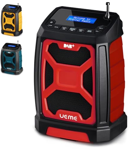 UEME 5W Rugged DAB/DAB+ FM Cordless Site Radio, Bluetooth, USB Rechargeable, Red/Black