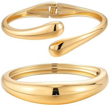 Yowivon Bracelets en Or pour Femme, Lot de 2 Bracelets en Fine Goutte et Vague, Bracelet Empilable à Charnière, Manchette non Ternissable, Cadeaux de Bijoux pour Noël/St Valentin/Anniversaire