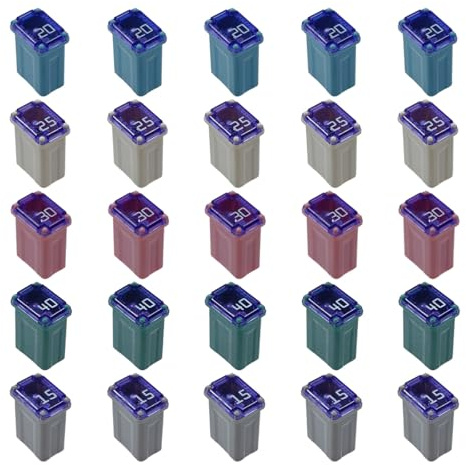 Tuxihapp 25PCS Micro Cartridge Fuses, 15A 20A 25A 30A 40A Slow Blow FMM Mcase Type Fuses, Car Square Micro Female Fuse, Multi Color Mini Box Shaped Fuse Assortment Kit for Car SUV Truck (25PCS)