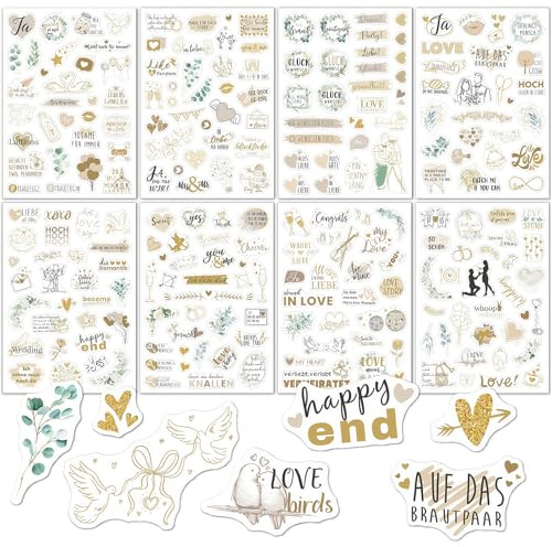 Pegatinas de Boda, 8 Hojas Pegatinas Boda Scrapbooking,Scrapbooking de Amor, Libro de Visitas, Stickers para Decoraciones DIY Álbum de Fotos