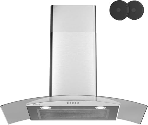 SOONYE Hotte aspirante à baldaquin de 60cm, Hottes cheminée en verre incurvé, Filtres à Charbon inclus, Hotte cuisine avec Eclairage LED