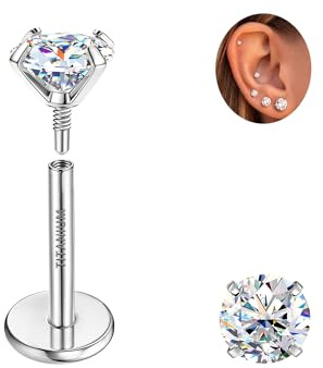 SLLAISS Boucle d'oreille Moissanite Titane G23 Femme Homme | Piercing Oreille Helix Tragus Plat Dos Vissé Boucles d'oreilles Médicales Hypoallergénique pour Cartilage Lobe 0.2-3CT
