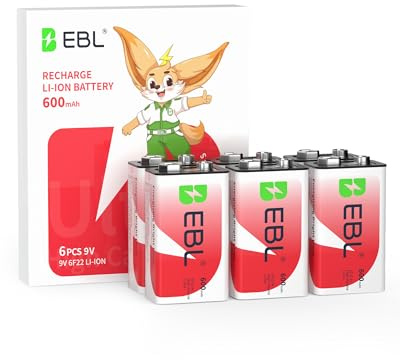 EBL 9V Rechargeable Batteries 9 Volt Li-ion 600mAh Lithium-ion Batteries (6-Packs)